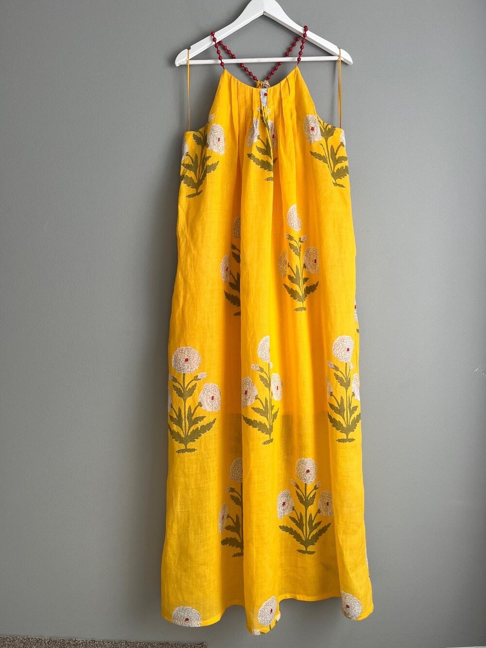 J.Crew NWT Beaded Strap Dress Marigold Block Print Ramie CW650 Sz M Tall Resort